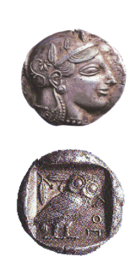 Silbernes Tetradrachmon. Athen, 600-450 v. Chr. Bilder: Eule mit &Ouml;lzweig, Kopf der Pallas Athene.