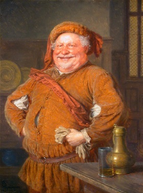 Humorvolles Gemlde von Eduard von Grtzner mit dem Titel  Falstaff mit Handschuhen