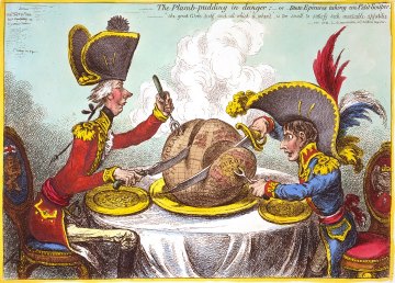 Politische Karikatur von James Gillray: Pitt und Napoleon teilen sich die Welt (1805)