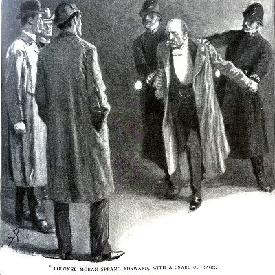 Sherlock Holmes, Dritter von links, ein bekannter Krimiheld, berwacht die Verhaftung eines Verbrechers. Die Figur von Holmes machte das Krimi-Genre populr.