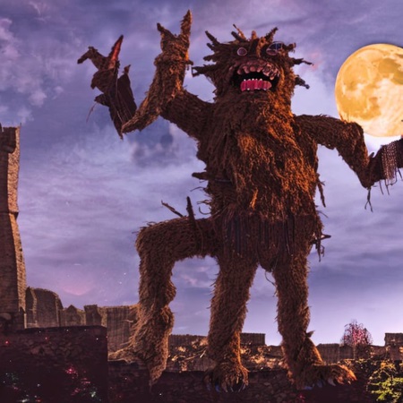 Monster vor Burgruine bei Vollmond