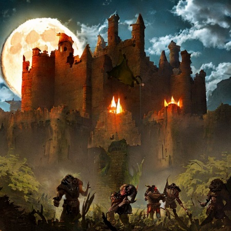 Orcs vor Burgruine bei Vollmond