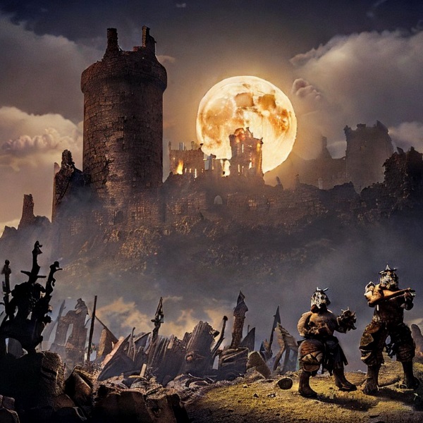 Orcs vor Burgruine bei Vollmond