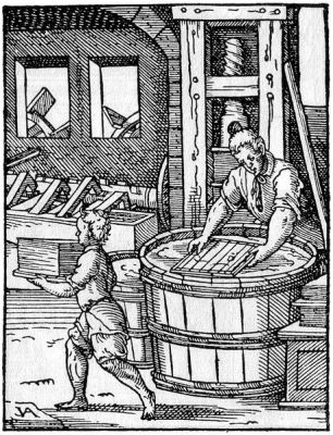 Der Papyrer, Holzschnitt aus: Jost Amman (1539-1591): Eygentliche Beschreibung aller Stände auff Erden hoher und nidriger, geistlicher und weltlicher, aller Künsten, Handwerken und Händeln ...