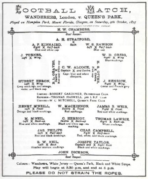 Programmheft fr ein Fuballspiel des Vereins, das am 9. Oktober 1875 im Hampden Park, Glasgow, zwischen der Heimmannschaft Queen's Park und den Wanderers aus London ausgetragen wurde