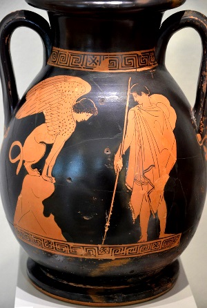 Attischer Keramik, dipus lst das Rtsel der Sphinx und befreit Theben, 450440 v. Chr., Altes Museum Berlin