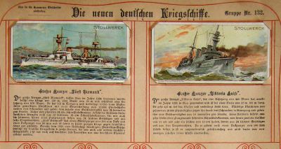Sammelbilder-Serie: Die neuen deutschen Kriegsschiffe von Willy Stwer in einem Stollwerck-Album