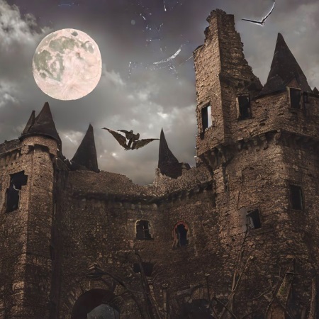 Vampir fliegt vor Burgruine bei Vollmond