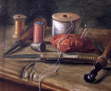 Altes Werkzeug auf Gemälde: Stillleben mit Nähutensilien, Wilhelm Wittmann, 1889