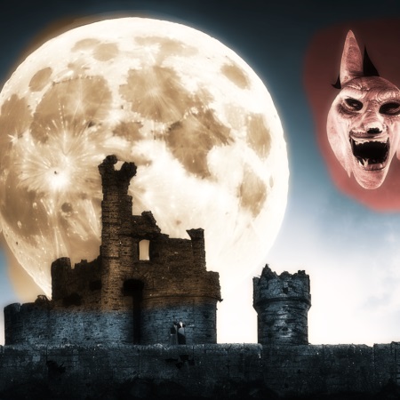 Werwolf vor Burgruine bei Vollmond