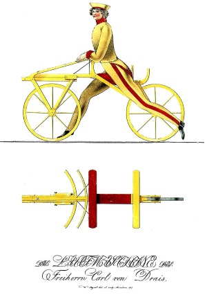 Das erste Fahrrad, eine  Laufmaschine oder Draisine, von Drais 1818 verffentlichte Zeichnung