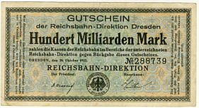 Notgeldschein der Deutschen Reichsbahn ber 100 Milliarden Mark von 1923
